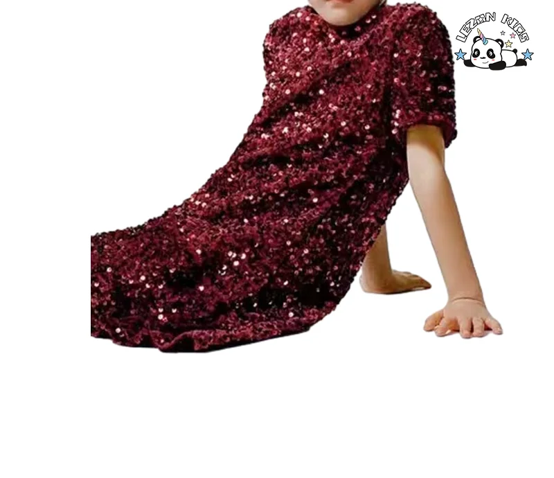Manufacture Direct Short Sleeve Sweet Style Kids Clothing Sequin Fabric Girls Party Dress for 2-8T - Product Image