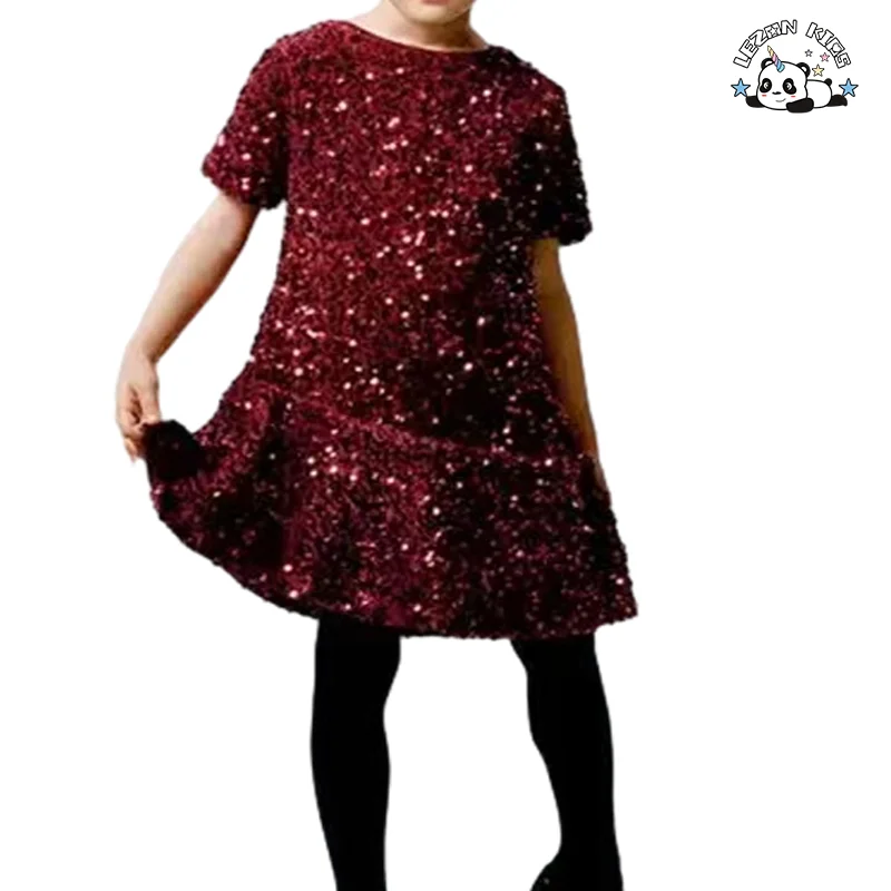 Manufacture Direct Short Sleeve Sweet Style Kids Clothing Sequin Fabric Girls Party Dress for 2-8T - Product Image