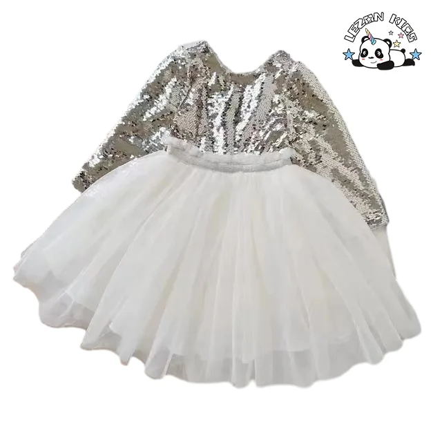 Most Popular Sequin Long Sleeve Puff Dress Tulle Fabric Princess Dress Girls Party  Dress