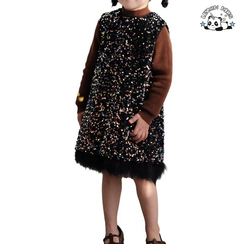 Novo Vestido de Veludo com Penas e Lantejoulas sem Mangas para Meninas - Product Image