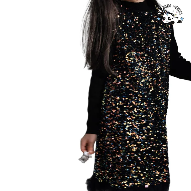 Novo Vestido de Veludo com Penas e Lantejoulas sem Mangas para Meninas - Product Image