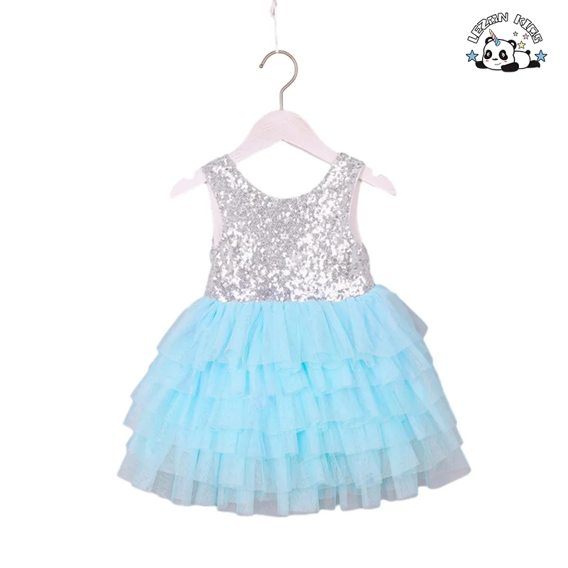 Chegada Nova Vestido de Meninas com Lantejoulas sem Manga e Laço Personalizado para Verão 2-14T - Product Image