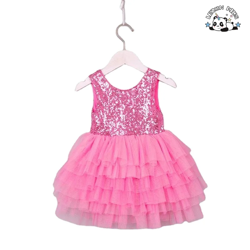 Chegada Nova Vestido de Meninas com Lantejoulas sem Manga e Laço Personalizado para Verão 2-14T - Product Image