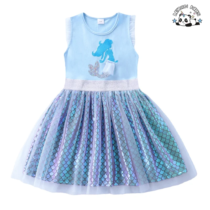 Chegada de Novas Meninas Vestidos de Sereia Impressos com Malha de Escama de Peixe de Algodão Verão Sem Mangas