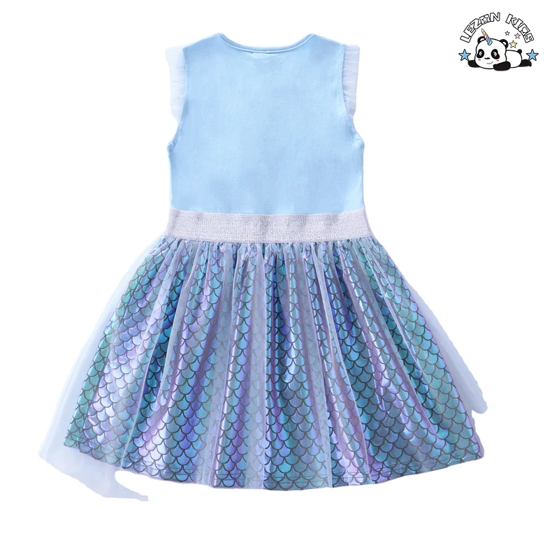 Chegada de Novas Meninas Vestidos de Sereia Impressos com Malha de Escama de Peixe de Algodão Verão Sem Mangas - Product Image