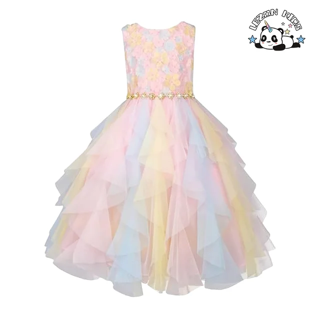 New Arrival Girls Summer Rainbow Tulle Dress Flowers Party Dance Dresses For Girls 3-8 Years