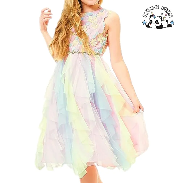 New Arrival Girls Summer Rainbow Tulle Dress Flowers Party Dance Dresses For Girls 3-8 Years - Product Image