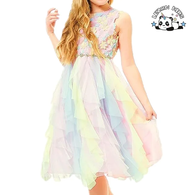 New Arrival Girls Summer Rainbow Tulle Dress Flowers Party Dance Dresses For Girls 3-8 Years - Product Image