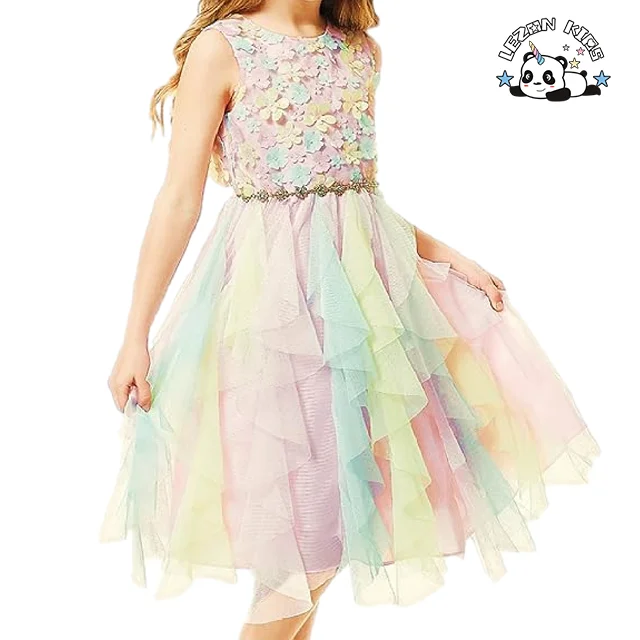 New Arrival Girls Summer Rainbow Tulle Dress Flowers Party Dance Dresses For Girls 3-8 Years - Product Image