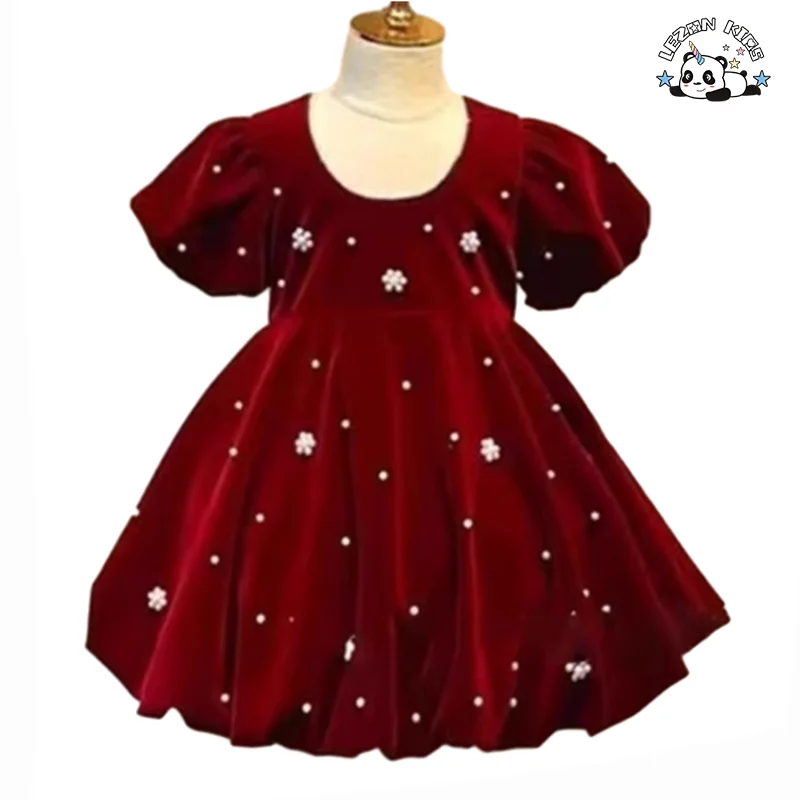 Novo Vestido de Manga Bufante com Decote Redondo para Meninas, Vestido de Princesa de Inverno Vermelho de Veludo