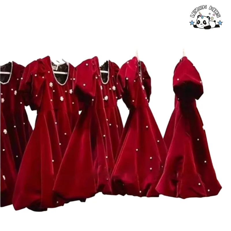 Novo Vestido de Manga Bufante com Decote Redondo para Meninas, Vestido de Princesa de Inverno Vermelho de Veludo - Product Image