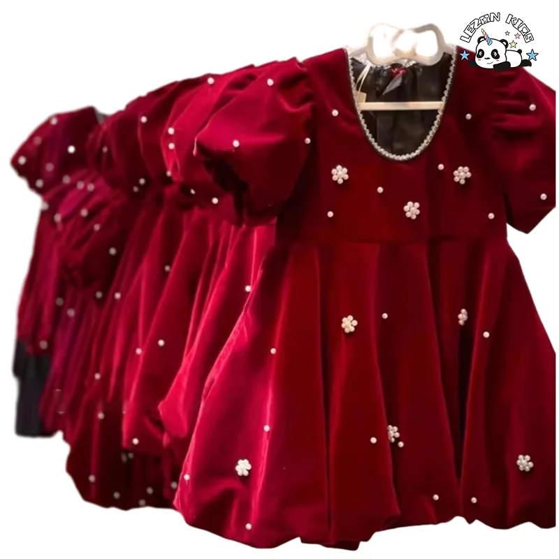 Novo Vestido de Manga Bufante com Decote Redondo para Meninas, Vestido de Princesa de Inverno Vermelho de Veludo - Product Image