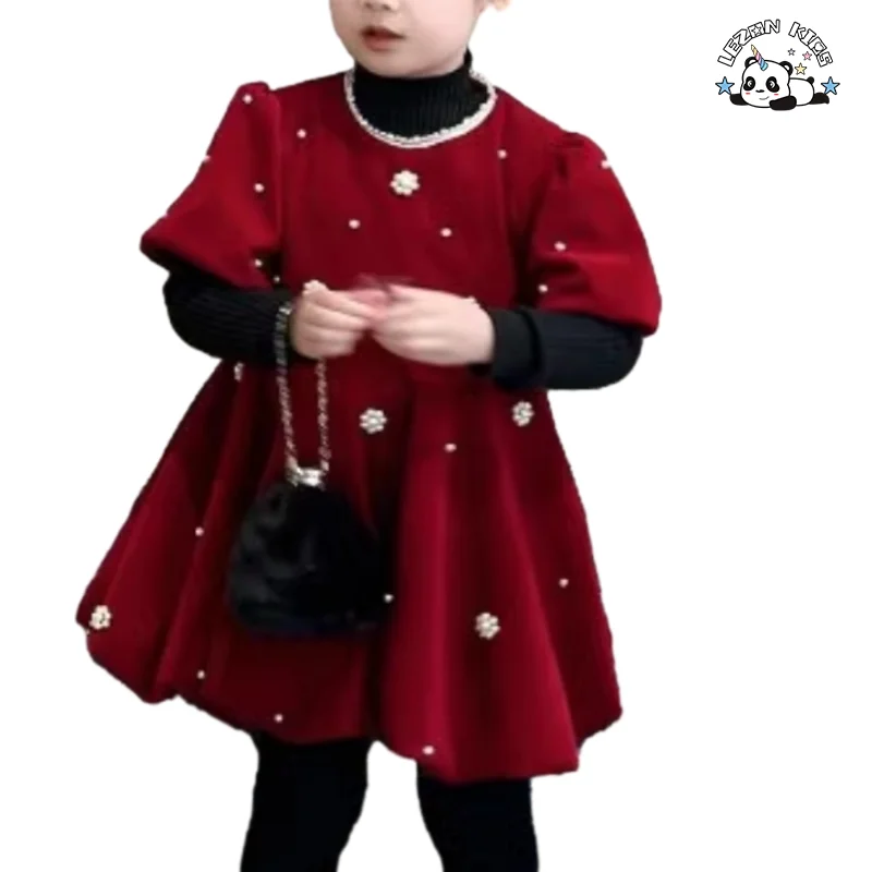 Novo Vestido de Manga Bufante com Decote Redondo para Meninas, Vestido de Princesa de Inverno Vermelho de Veludo - Product Image