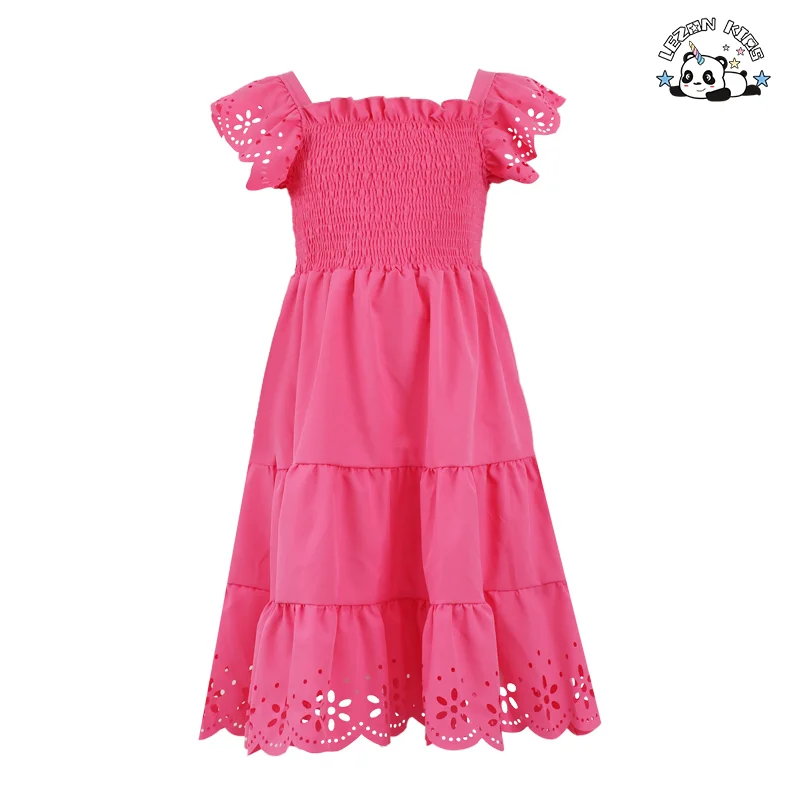 Vestido Novo de Manga com Babado de Renda de Algodão para Meninas de 2 a 12 Anos