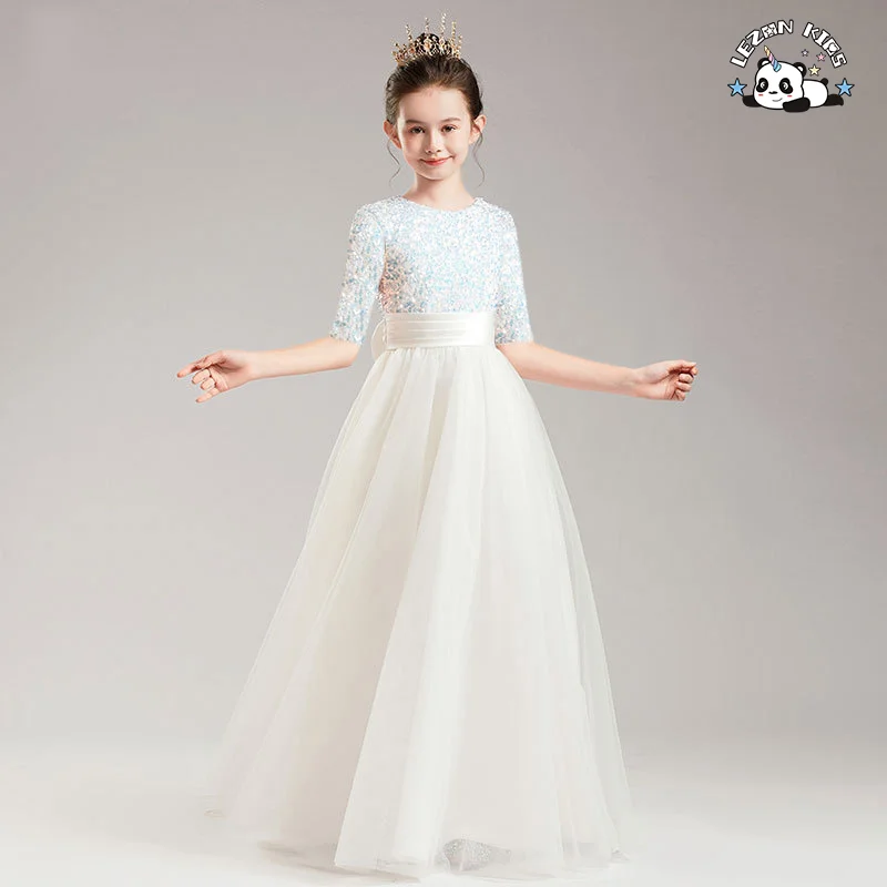 Novo Vestido de Desempenho com Lantejoulas e Tule de Manga Média para Primavera e Outono Vestido de Princesa para Noite