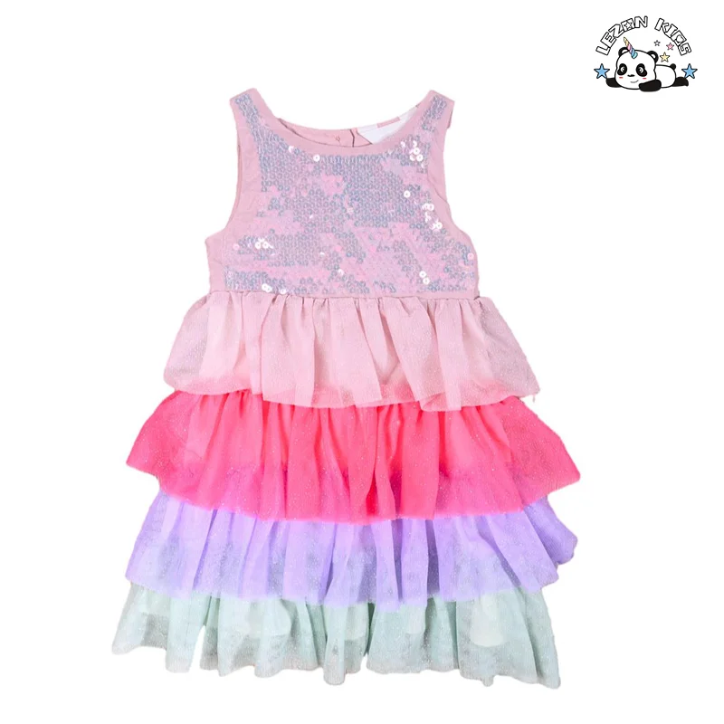 New Arrival Summer Sleeveless Pink Girls Sequin Layered Tulle Tutu Dresses for Girls Kids