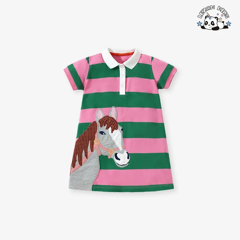 New Arrive Children Short Sleeve Striped Cotton Animal Printing Girls Dress for Daily Life