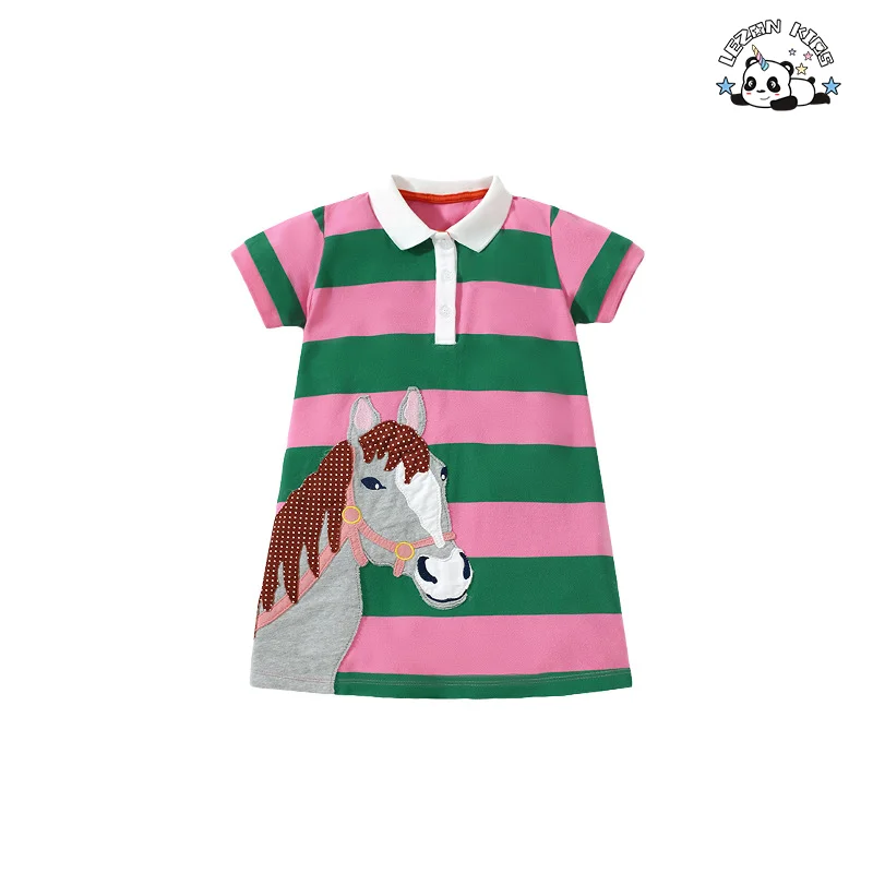 New Arrive Children Short Sleeve Striped Cotton Animal Printing Girls Dress for Daily Life - Product Image