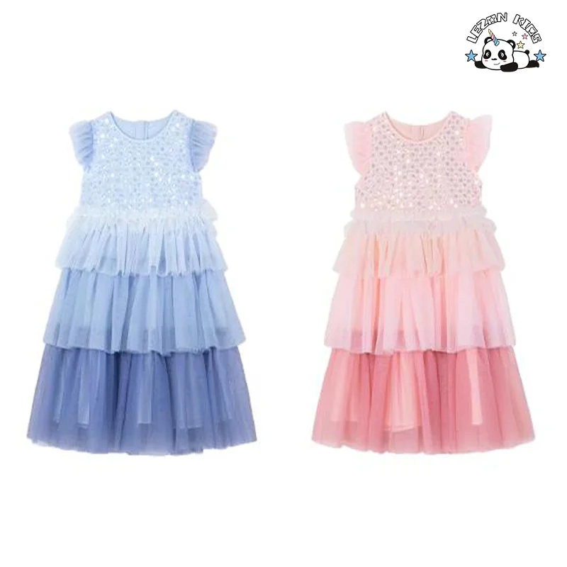 Novo Vestido de Princesa de Verão para Festa com Múltiplas Camadas de Tule e Flores para Meninas de 2-8T