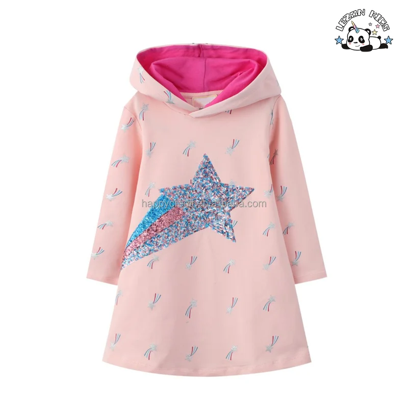 New Casual Sequined Embroidery Cotton Hoodies Dresses for Kids Girls of 6-12 Years Old
