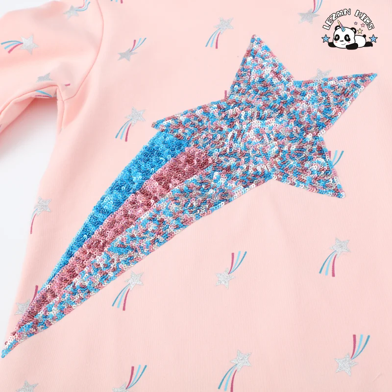 New Casual Sequined Embroidery Cotton Hoodies Dresses for Kids Girls of 6-12 Years Old - Product Image