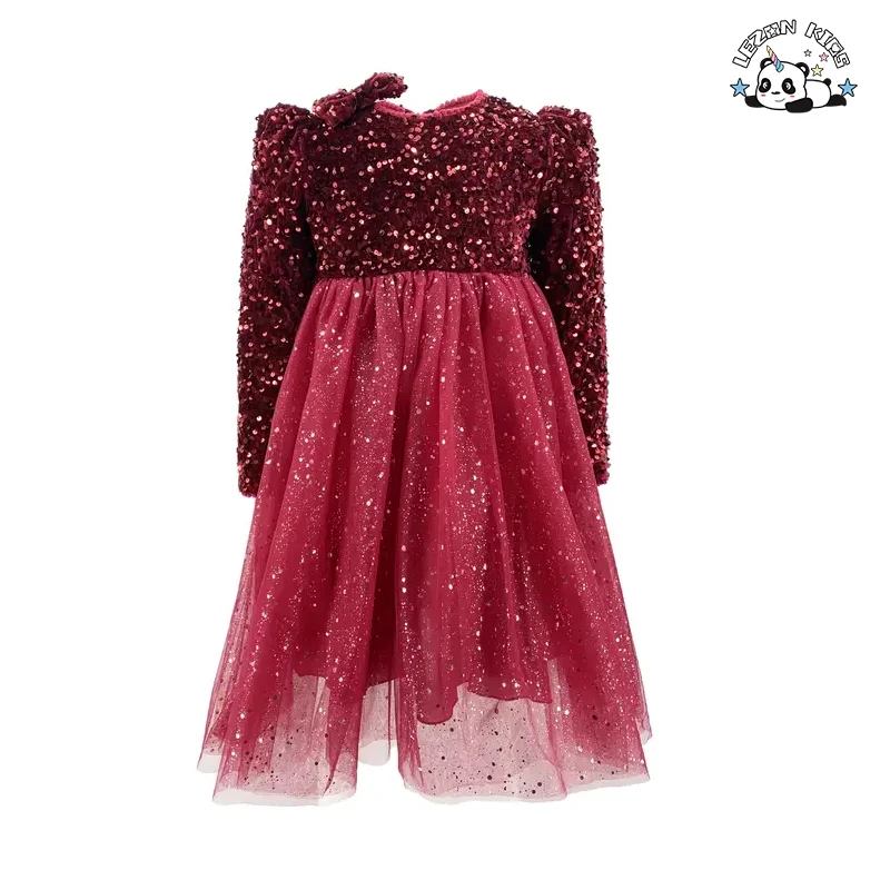 Novo Vestido de Natal para Meninas Festa Princesa Longo Manga Brilhante Aniversário Vestido de Baile