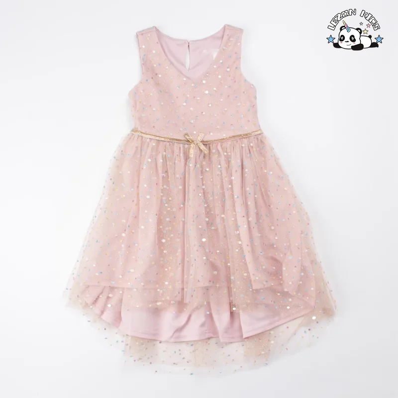 New Design Butterfly Gauze Dress V Neck Colorful Foil Print Mesh Sweet Girls Dresses