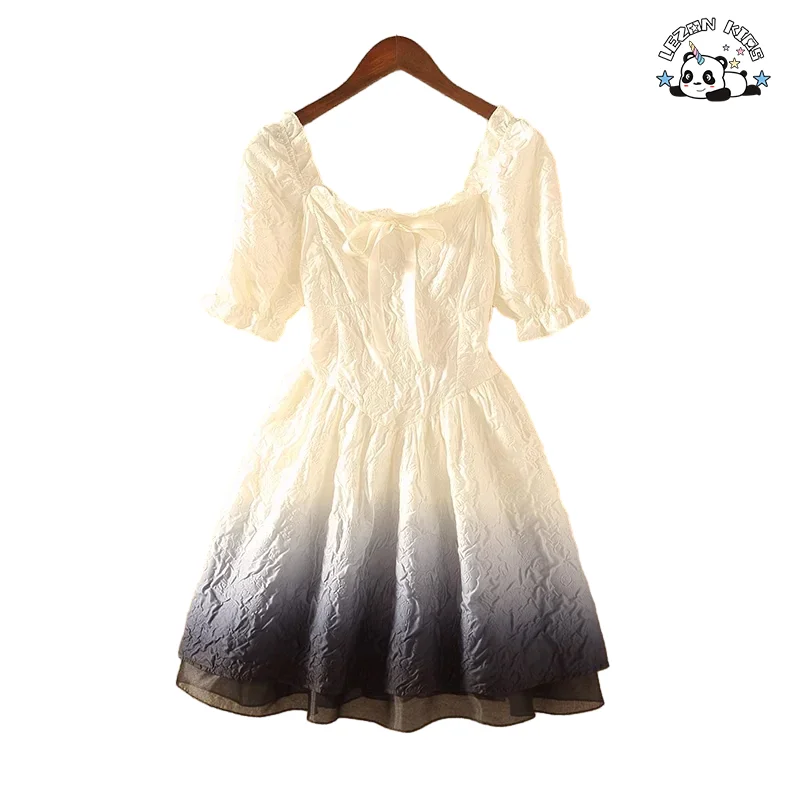 Novo Design Gradiente Vestido Elegante para Meninas Atacado Verão Colar Quadrado Manga Bufante Vestido