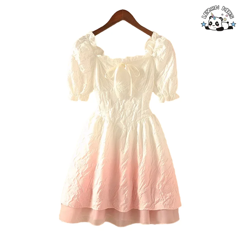 Novo Design Gradiente Vestido Elegante para Meninas Atacado Verão Colar Quadrado Manga Bufante Vestido - Product Image
