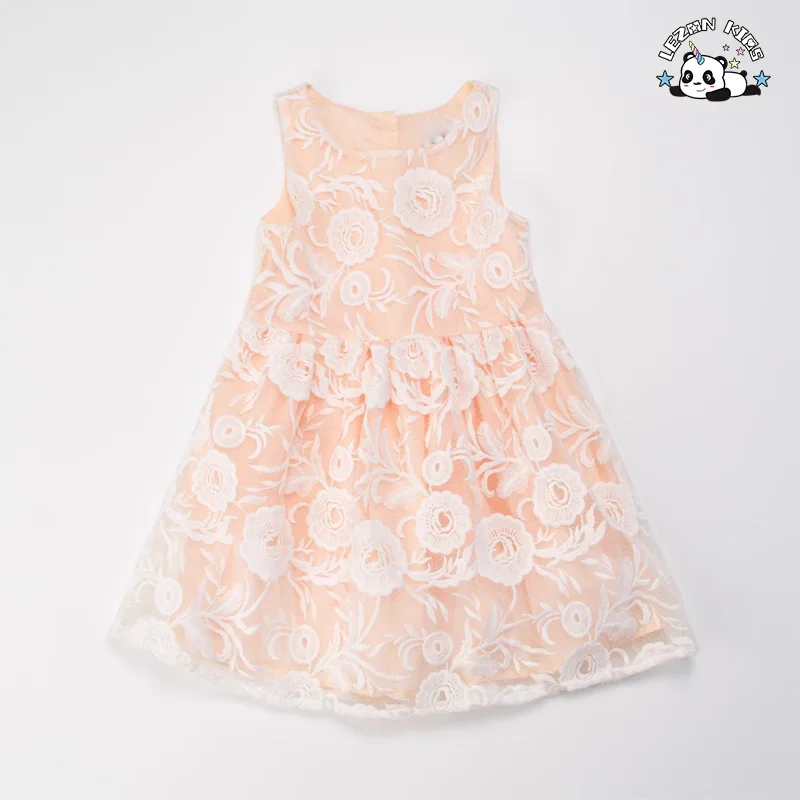 New Design Organza Party Girls Dresses Sleeveless Tulle Rose Print Princess Kids Dresses