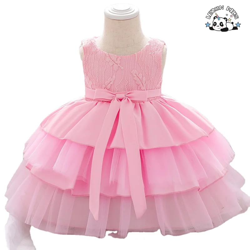 New Design Satin Mesh Baby Girl Dress 2-14 Years Cute Floral Print Lace Decoration Short Length Sweet Style Party Dress