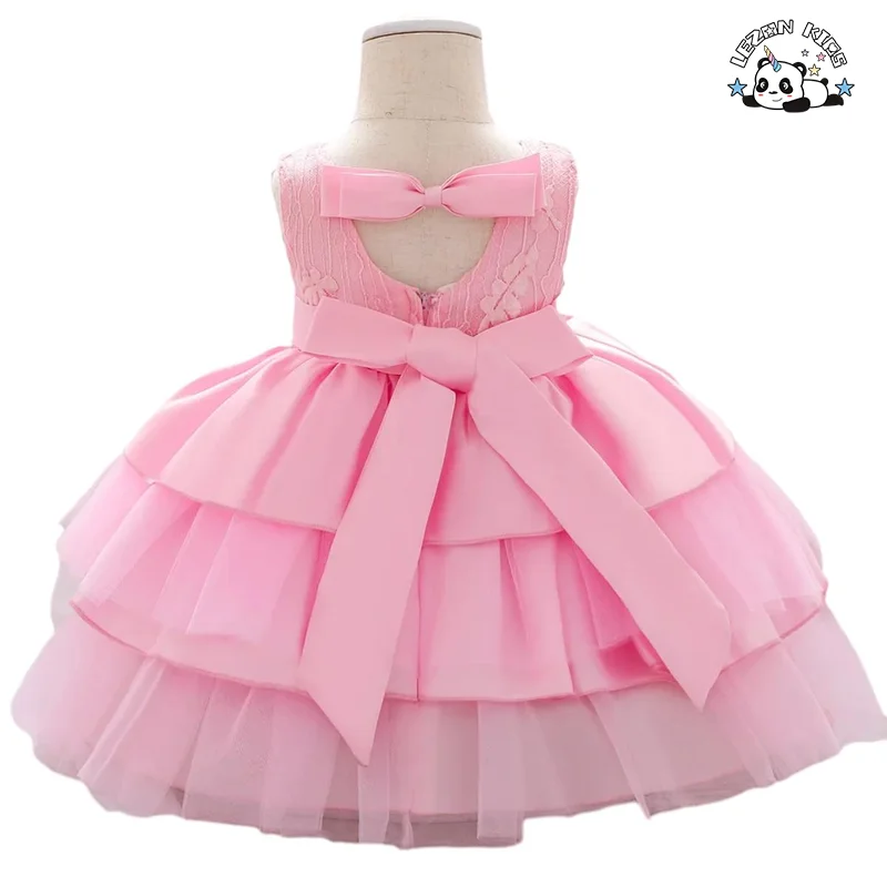 New Design Satin Mesh Baby Girl Dress 2-14 Years Cute Floral Print Lace Decoration Short Length Sweet Style Party Dress - Product Image