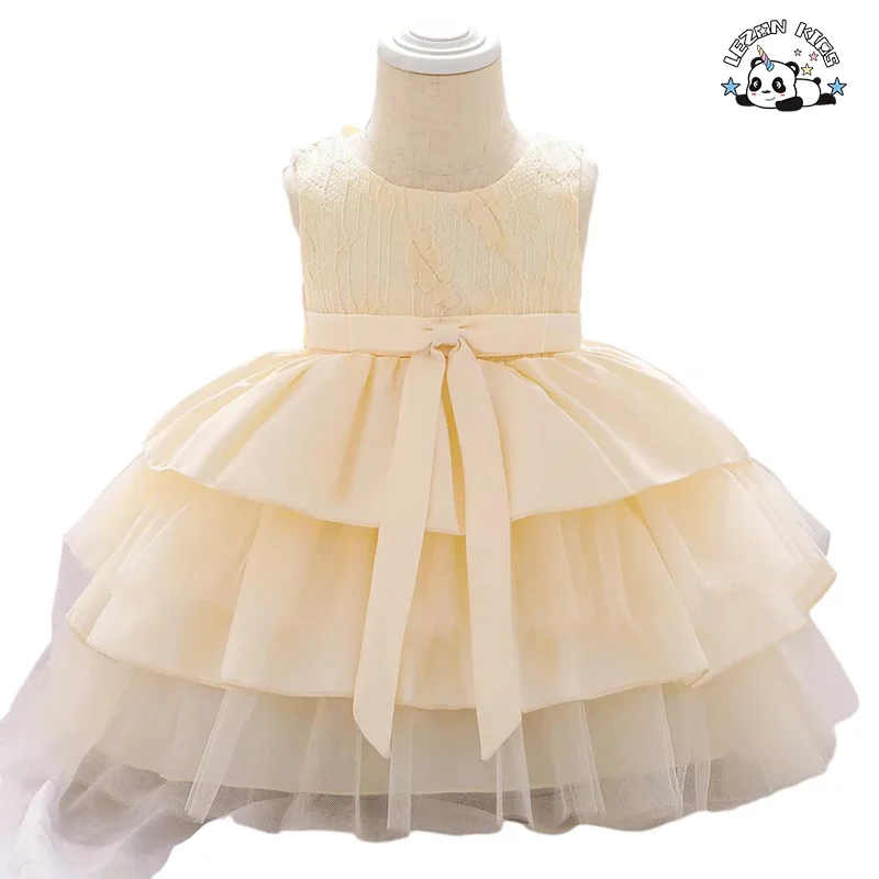 New Design Satin Mesh Baby Girl Dress 2-14 Years Cute Floral Print Lace Decoration Short Length Sweet Style Party Dress - Product Image