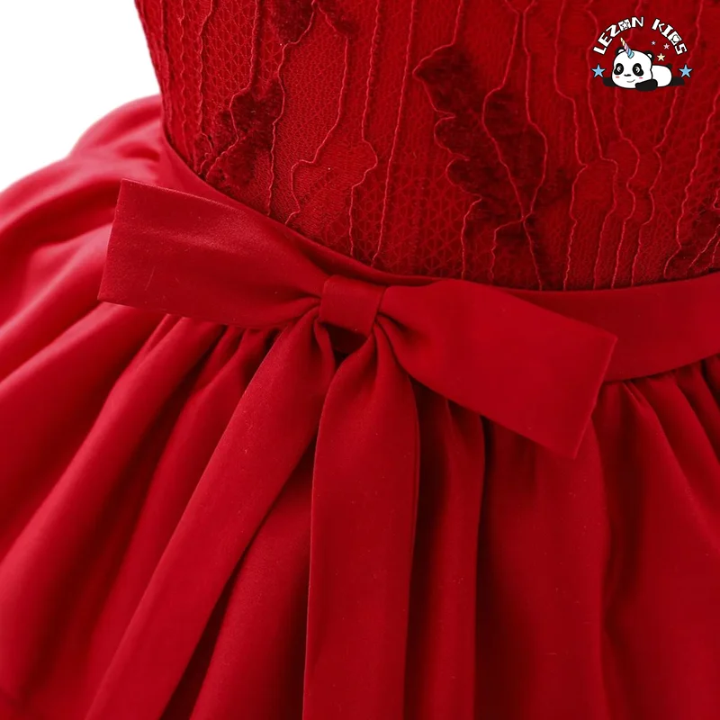 New Design Satin Mesh Baby Girl Dress 2-14 Years Cute Floral Print Lace Decoration Short Length Sweet Style Party Dress - Product Image