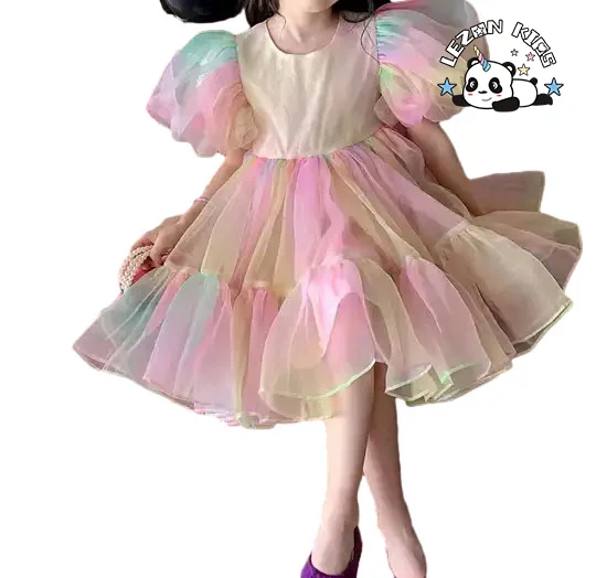 Novo Vestido de Festa de Verão Multicolorido para Meninas, com Renda Romântica e Comprimento Total, para 2 a 14 Anos de Idade, Decoração