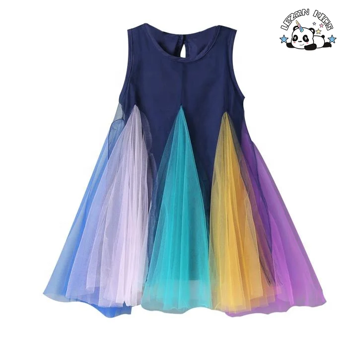Novo Vestido de Arco-íris de Verão da Moda Vestidos Casuais Sem Mangas para Crianças de 2 a 14 Anos