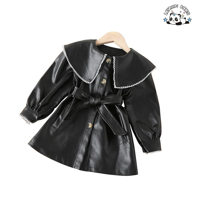 Nova Saia de Couro PU de Comprimento Médio para Meninas no Outono e Inverno Moda Infantil com Lapela Saia de Couro Preta