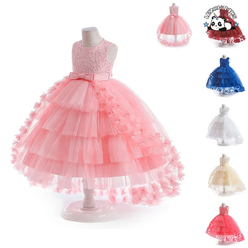 Novo vestido de menina com vestido de tule com renda arrastando para festa de flores