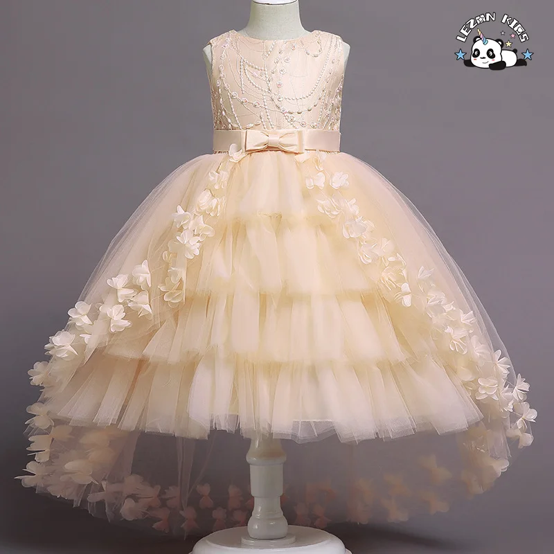 Novo vestido de menina com vestido de tule com renda arrastando para festa de flores - Product Image