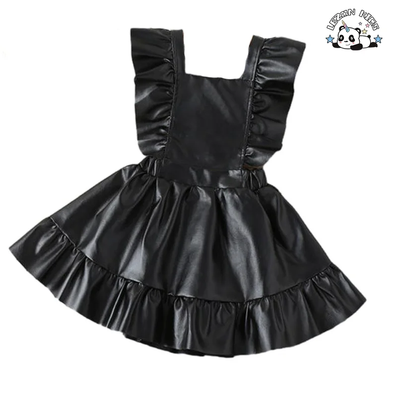 New Girls' Fashionable Black PU Leather Ruffle A-line Skirt Children's Pleated Vest Children's Skirt