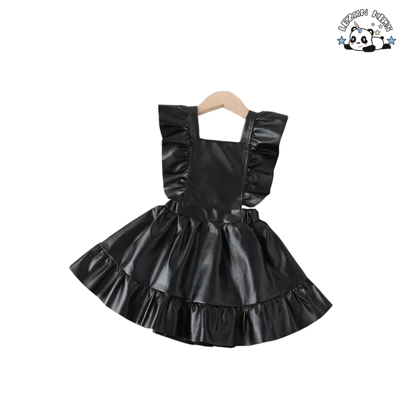 New Girls' Fashionable Black PU Leather Ruffle A-line Skirt Children's Pleated Vest Children's Skirt - Product Image