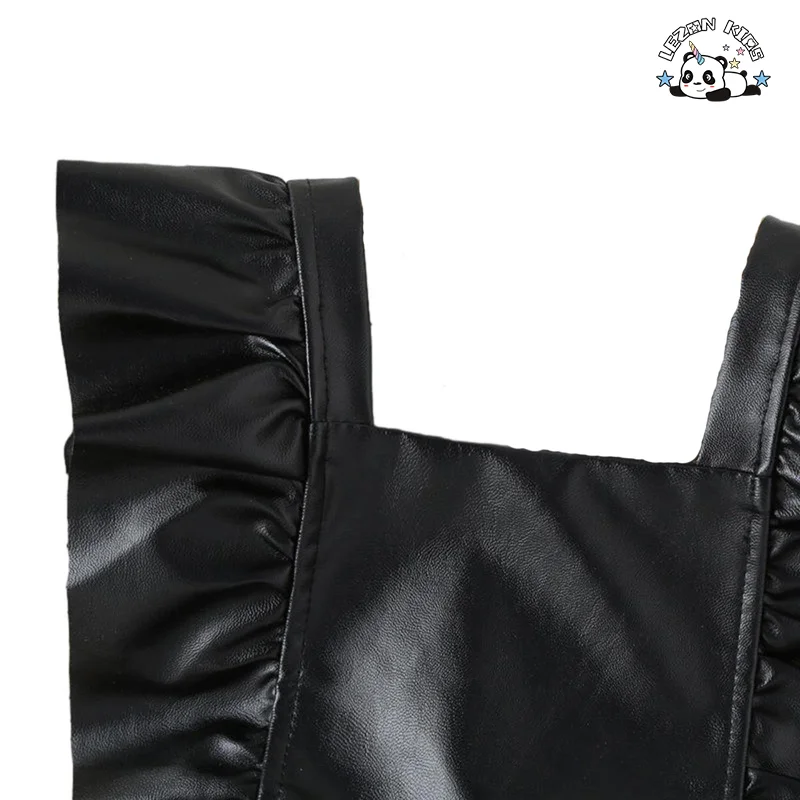 New Girls' Fashionable Black PU Leather Ruffle A-line Skirt Children's Pleated Vest Children's Skirt - Product Image