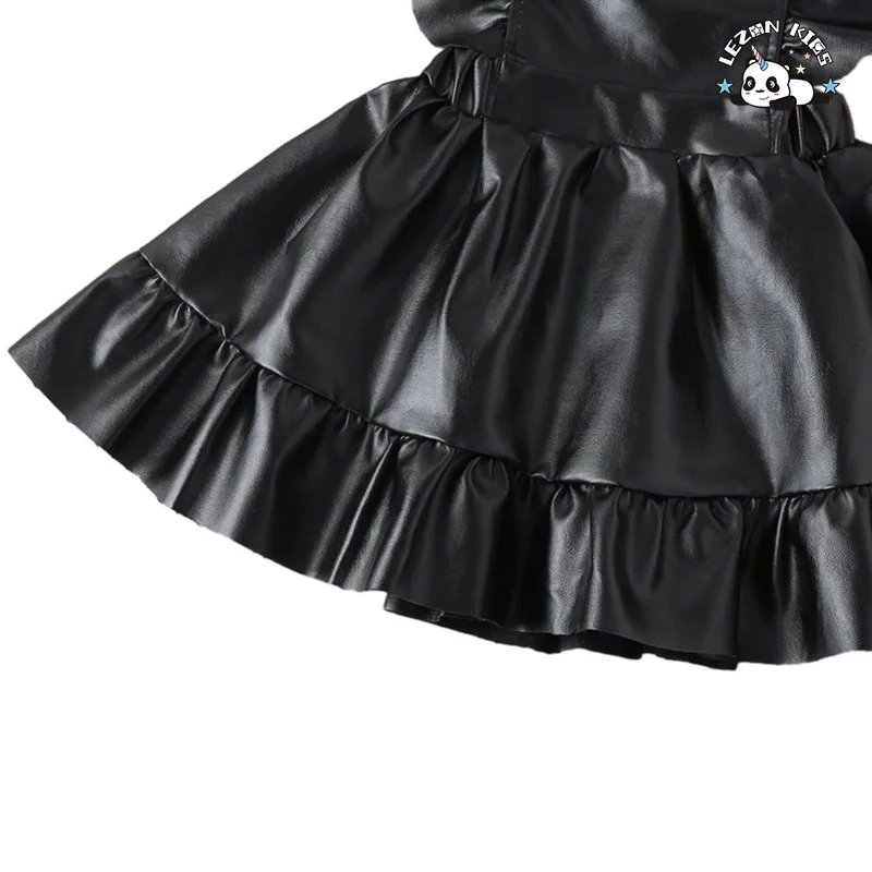 New Girls' Fashionable Black PU Leather Ruffle A-line Skirt Children's Pleated Vest Children's Skirt - Product Image