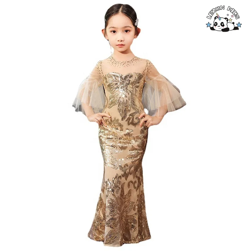 Novo Vestido de Sereia Bordado com Lantejoulas Douradas para Meninas para Festa de Aniversário e Apresentação