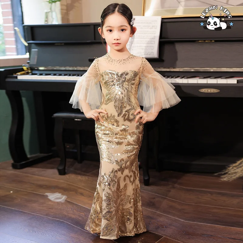 Novo Vestido de Sereia Bordado com Lantejoulas Douradas para Meninas para Festa de Aniversário e Apresentação - Product Image