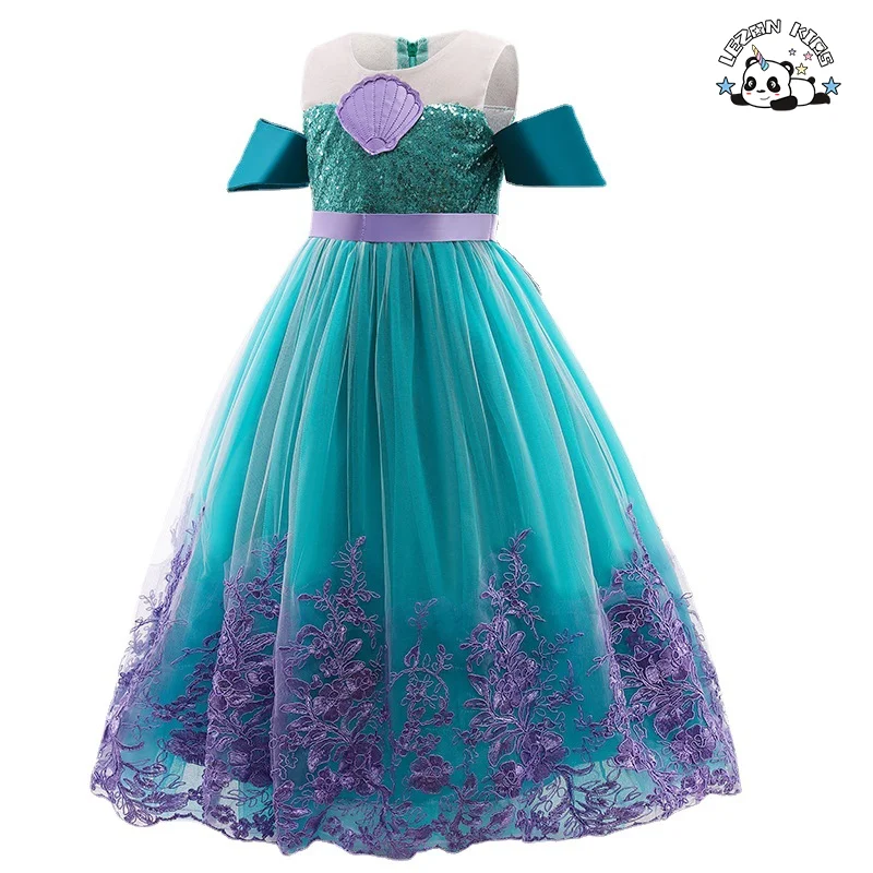 Novo Vestido de Princesa com Renda e Bordado Pesado em Forma de Sereia para Meninas com Laço