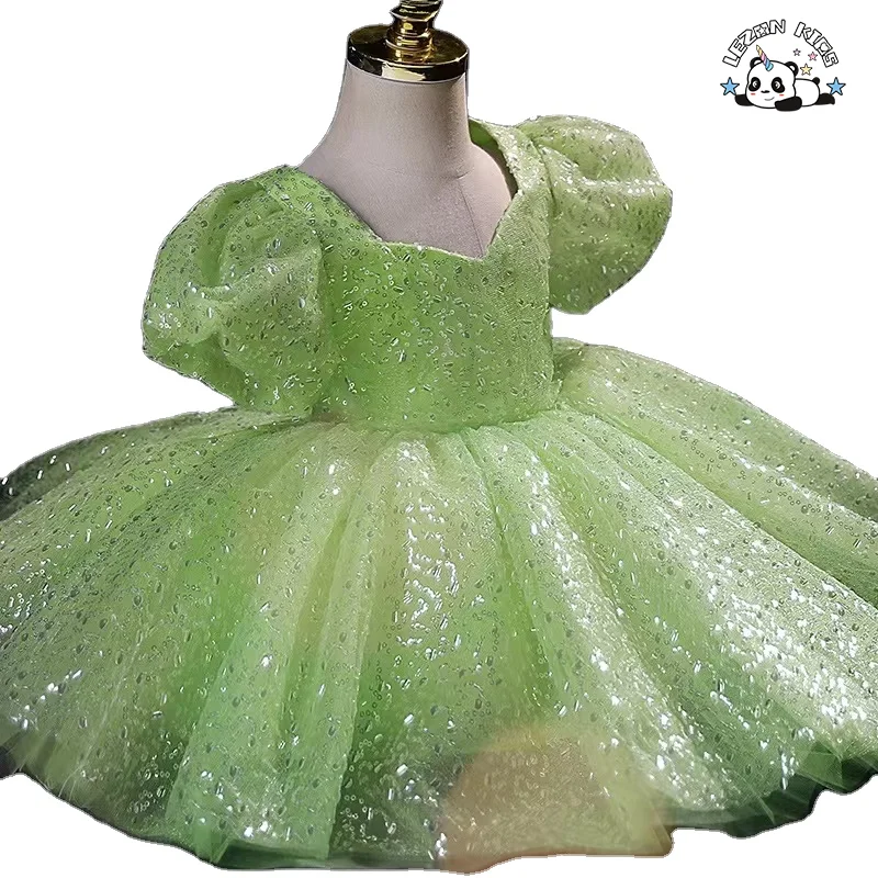New Princess Mori Dress Green Puff Sleeves Fashion Show Performance Sequin Bow  Girls' Dress