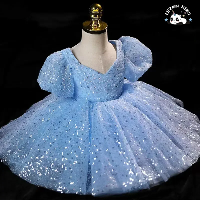 New Princess Mori Dress Green Puff Sleeves Fashion Show Performance Sequin Bow Girls' Dress - Product Image