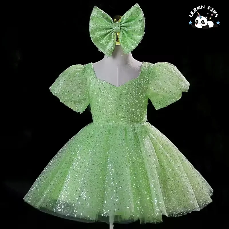 New Princess Mori Dress Green Puff Sleeves Fashion Show Performance Sequin Bow Girls' Dress - Product Image