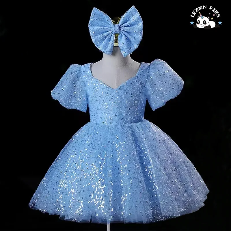 New Princess Mori Dress Green Puff Sleeves Fashion Show Performance Sequin Bow Girls' Dress - Product Image